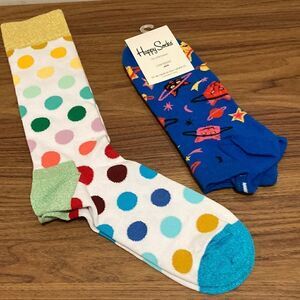 NWT Happy Socks 2 Pairs, Knee sock and Ankle sock. Fun Patterns. Unisex.